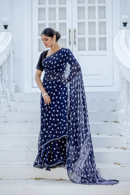 Leelavati Printed, Embellished, Embroidered Daily Wear Chiffon Saree(Dark Blue, White)