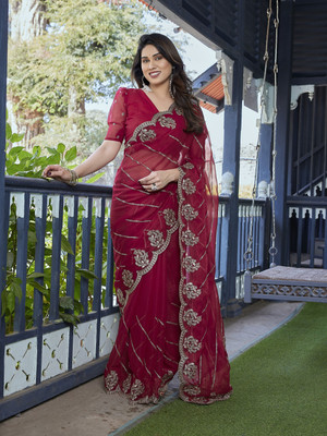 Moda Rapido Embroidered Bollywood Organza, Georgette Saree(Red)