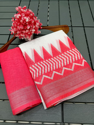 PRTRENDZ Digital Print Kanjivaram Cotton Linen, Pure Cotton Saree(White, Red)