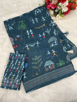 SJY Printed Assam Silk Linen Saree(Light Blue)