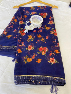 ZENFAB THREADS Printed Daily Wear Georgette Saree(Dark Blue)