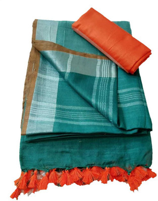 Aamir Fashion Textile Solid/Plain Bhagalpuri Handloom Cotton Linen Saree(Dark Blue)