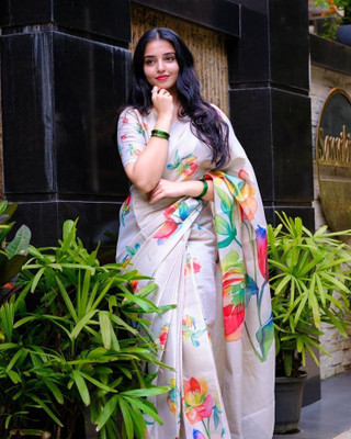 Krujha Digital Print, Embroidered Daily Wear Cotton Linen, Cotton Silk Saree(White)