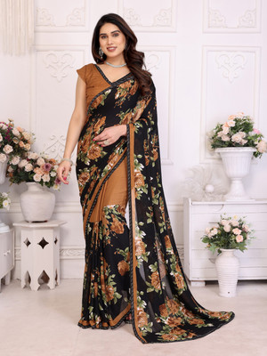 Moda Rapido Printed Bollywood Georgette Saree(Brown, Green, Black)