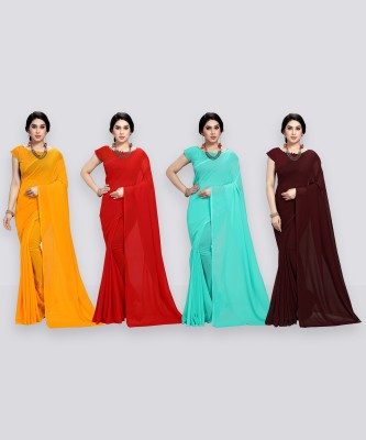 Anand Sarees Dyed Bollywood Chiffon Saree(Pack of 4, Light Blue, Red, Brown, Yellow)