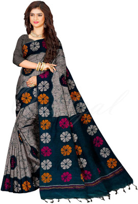 Quetzal Printed Sambalpuri Pure Cotton Saree(Grey)