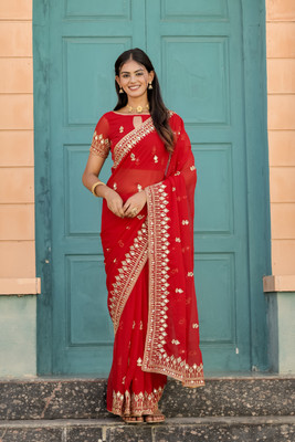 NETRA BOUTIQUE Printed Banarasi Georgette Saree(Red)