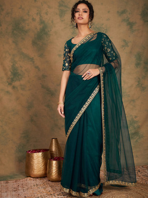Sangria Solid/Plain Daily Wear Net Saree(Green)