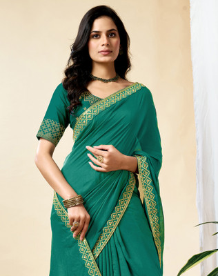 SIRIL Embroidered, Embellished Bollywood Silk Blend, Cotton Silk Saree(Blue)