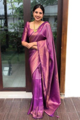 Amrut Collection Woven Banarasi Silk Blend Saree(Purple)