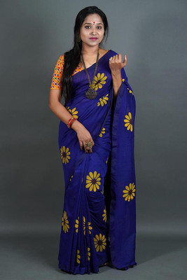 cloud vastra Printed Handloom Pure Cotton Saree(Dark Blue)