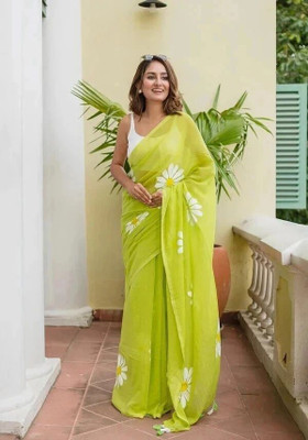 Pionex Floral Print Handloom Pure Cotton Saree(Light Green)