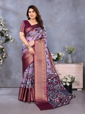 BilloRani Printed, Geometric Print Kalamkari Silk Blend Saree(Purple)