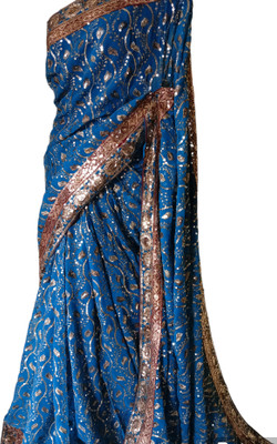 Designer Work sarees Applique Bollywood Georgette Saree(Blue)