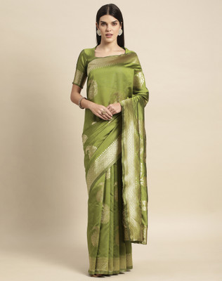 SIRIL Self Design, Woven, Embellished Banarasi Silk Blend Saree(Gold, Light Green)