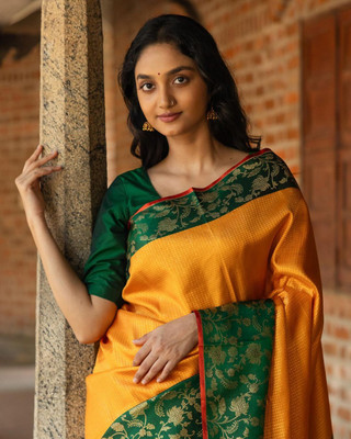 Begum Collection Self Design Kanjivaram Art Silk Saree(Yellow)