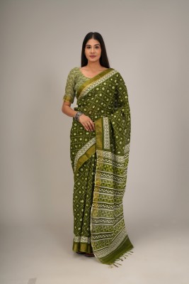 ABHIT CREATION Blocked Printed Daily Wear Cotton Linen Saree(Green)