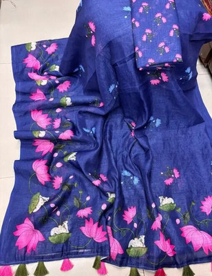 Sarthi Fashion Floral Print, Printed Bollywood Cotton Linen Saree(Dark Blue)