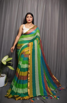 UR Affection Striped Handloom Pure Cotton Saree(Green)