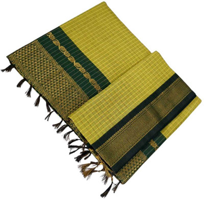 sri amman sarees Woven, Checkered Gadwal Cotton Blend Saree(Light Green)