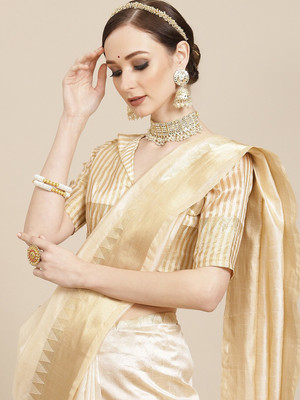 Paramparik Textile Temple Border, Solid/Plain Assam Silk Cotton Silk Saree(White)
