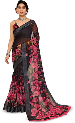 Moda Rapido Printed Bollywood Cotton Blend Saree(Black)