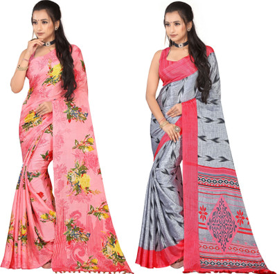 Leelavati Printed Daily Wear Crepe Saree(Pack of 2, Pink, Grey)