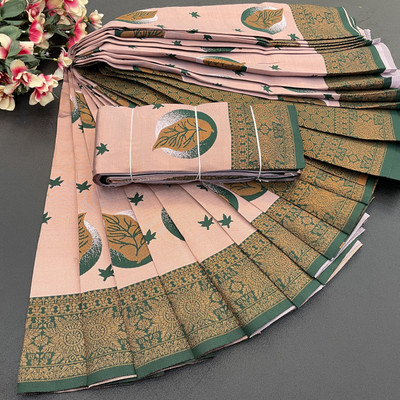 looknchoice Woven Kanjivaram Pure Silk, Art Silk Saree(Pink, Green)