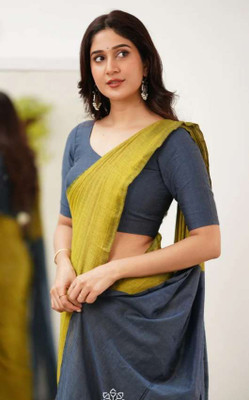 pal saree mahal Solid/Plain Handloom Pure Cotton Saree(Green, Blue)