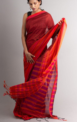 SAYAN CREATION Self Design Handloom Pure Cotton Saree(Red)