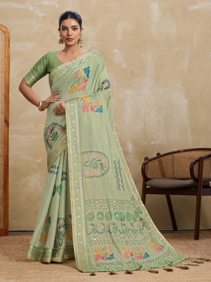RekhaManiyar Printed Saree with Attached Blouse Silk Blend Saree(Green)