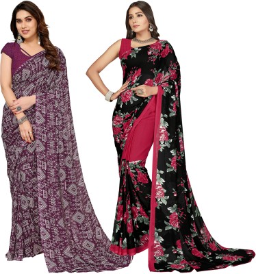 Anand Sarees Floral Print, Polka Print, Ombre, Printed Bollywood Georgette Saree(Pack of 2, Red, Black, Purple)