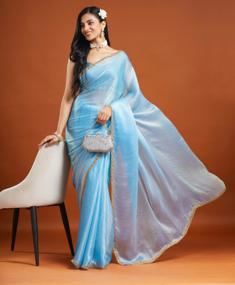 LOROFY Embellished Bollywood Tissue, Silk Blend Saree(Light Blue)