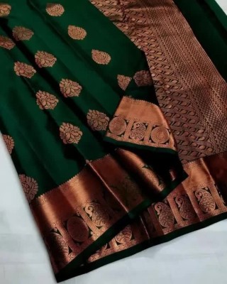 HouseOfCommon Woven, Solid/Plain, Embellished, Self Design Kanjivaram Cotton Silk, Pure Silk Saree(Dark Green)