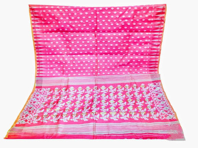 AGAMONI Self Design Jamdani Cotton Silk Saree(Pink, Gold)