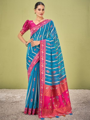 Divastri Woven Banarasi Cotton Blend Saree(Light Blue)