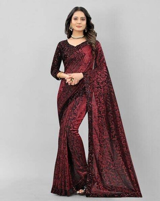 KRUBUX Applique Bollywood Lycra Blend Saree(Maroon)