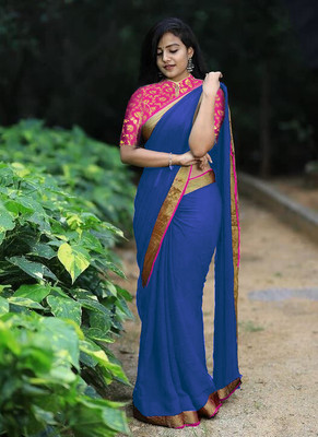 Sareez House Solid/Plain, Embellished Bollywood Georgette Saree(Blue)