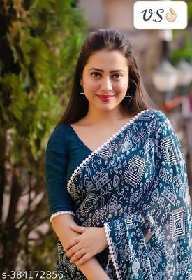 SAREEYA16 Hand Painted Daily Wear Georgette Saree(Blue)