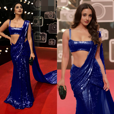 Anjani Textile Embroidered, Embellished Bollywood Georgette Saree(Blue)