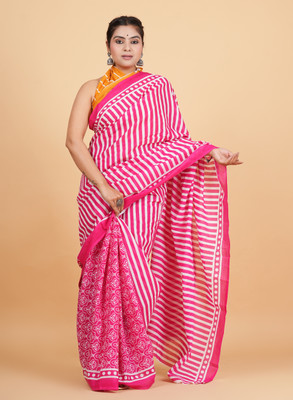Krishna Creation Printed Handloom Pure Cotton Saree(Pink)