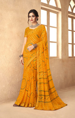 Divastri Floral Print, Geometric Print, Digital Print, Printed Bandhani Chiffon Saree(Yellow)
