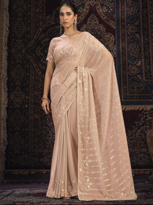 odette Embellished Saree with Attached Blouse Georgette Saree(Pink)
