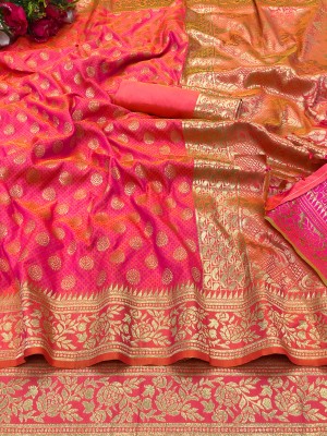 KanjiQueen Woven, Self Design Banarasi Silk Blend, Pure Silk Saree(Pink)