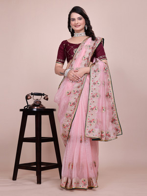 STARWOMEN Embroidered Bollywood Supernet Saree(Pink)