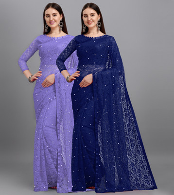 LOROFY Self Design Bollywood Net, Brasso Saree(Pack of 2, Multicolor)