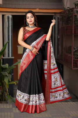 J6 Designers Self Design, Checkered, Printed Bollywood Cotton Silk Saree(Black, Red)