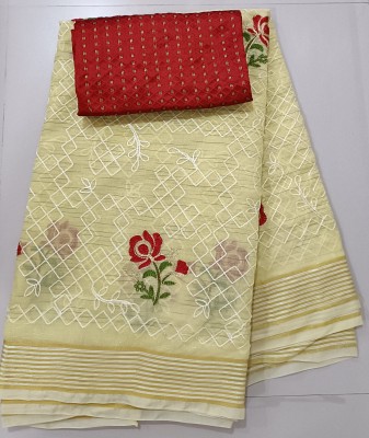 TRIPZIRA Embroidered Chanderi Cotton Linen Saree(Yellow)