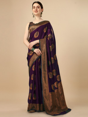 The Style Sanctuary Woven, Self Design, Geometric Print Banarasi Silk Blend Saree(Black)