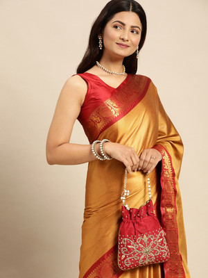 Fashion Club Collection Woven Banarasi Cotton Silk Saree(Gold, Red)